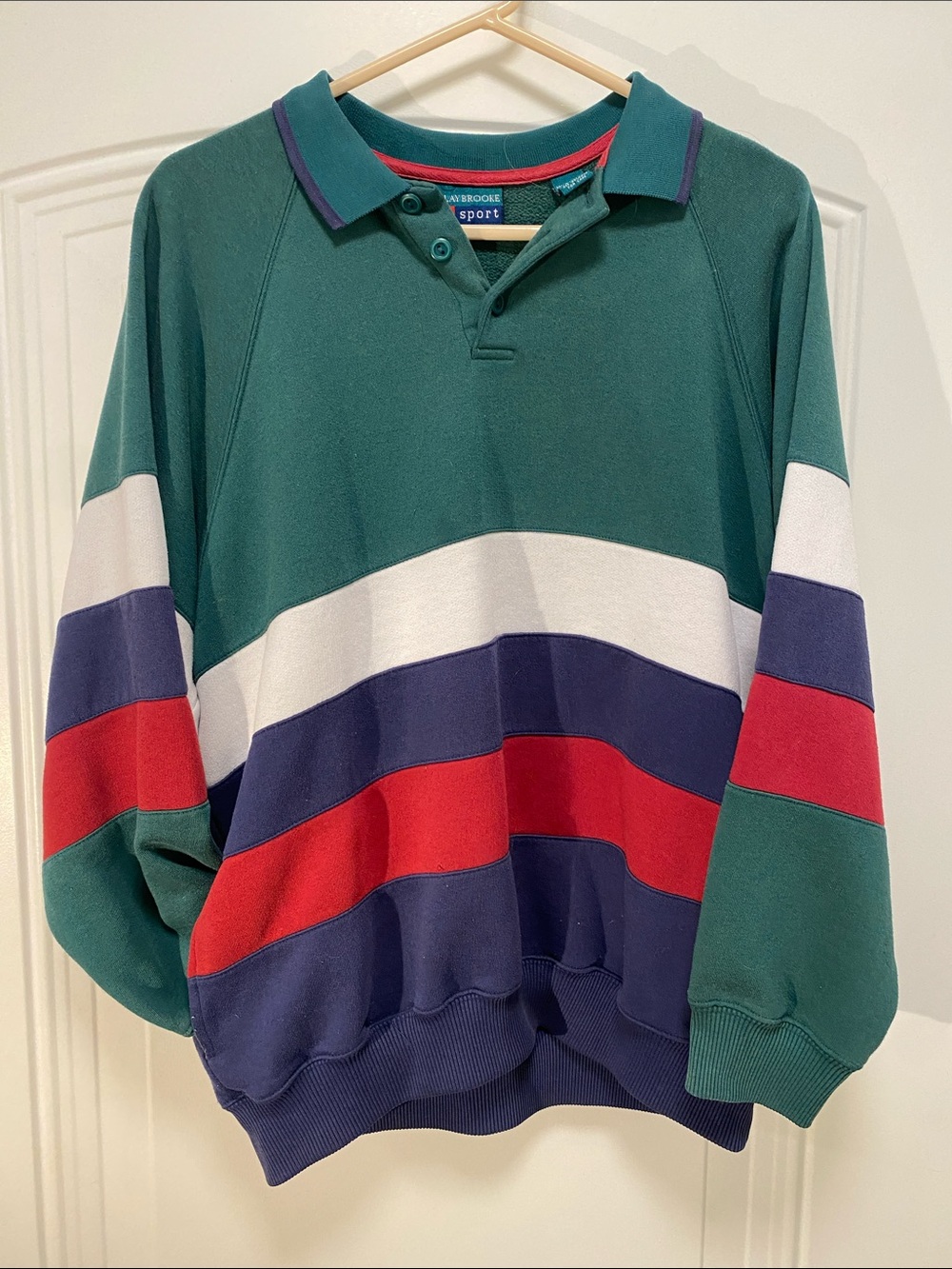 Green, White, Navy & Red Striped Polo Sweatshirt w/ Pockets by Claybrooke Sports